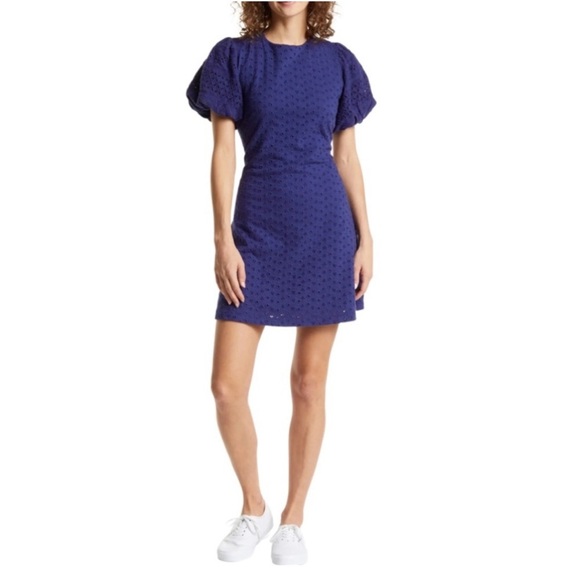 Free People Apricot Rose Puff Sleeve Eyelet Dress Living Indigo Size Medium NWT - Picture 5 of 10